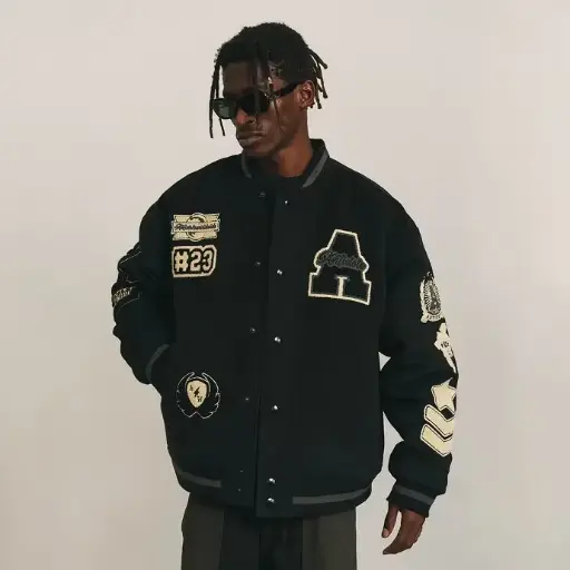 Travis Scott uniforme de baseball brodé tweed pilote stand-up col cardigan veste tendance