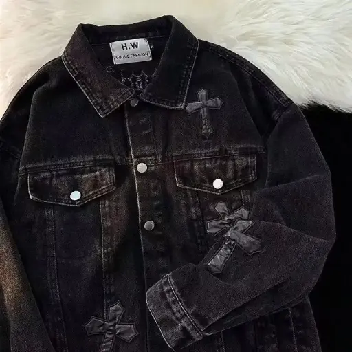 Veste en jean brodée en croix pour hommes et femmes printemps et automne American retro hip-hop